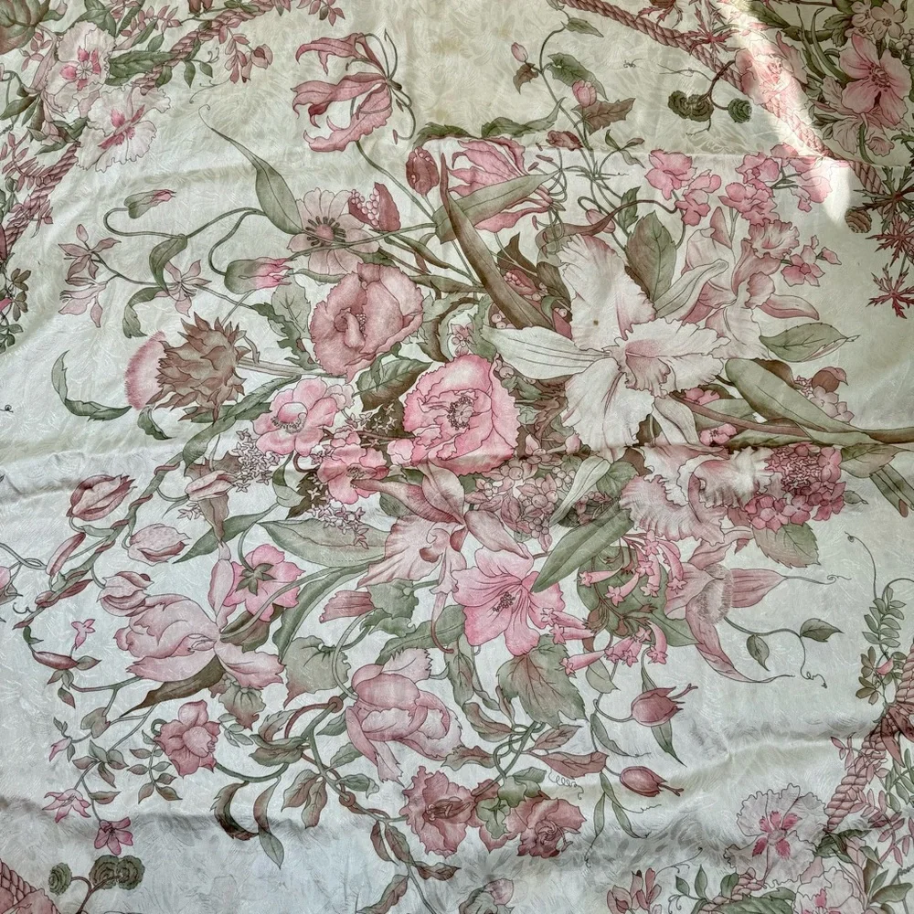 Hiroko for Dozo Cream / Pink Floral  Black Trim Silk Scarf